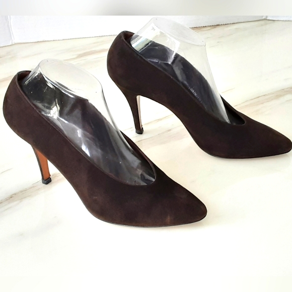 YVES SAINT LAURENT Chocolate Brown Suede Heels Career Party Size 9M - Vtg - Picture 3 of 10